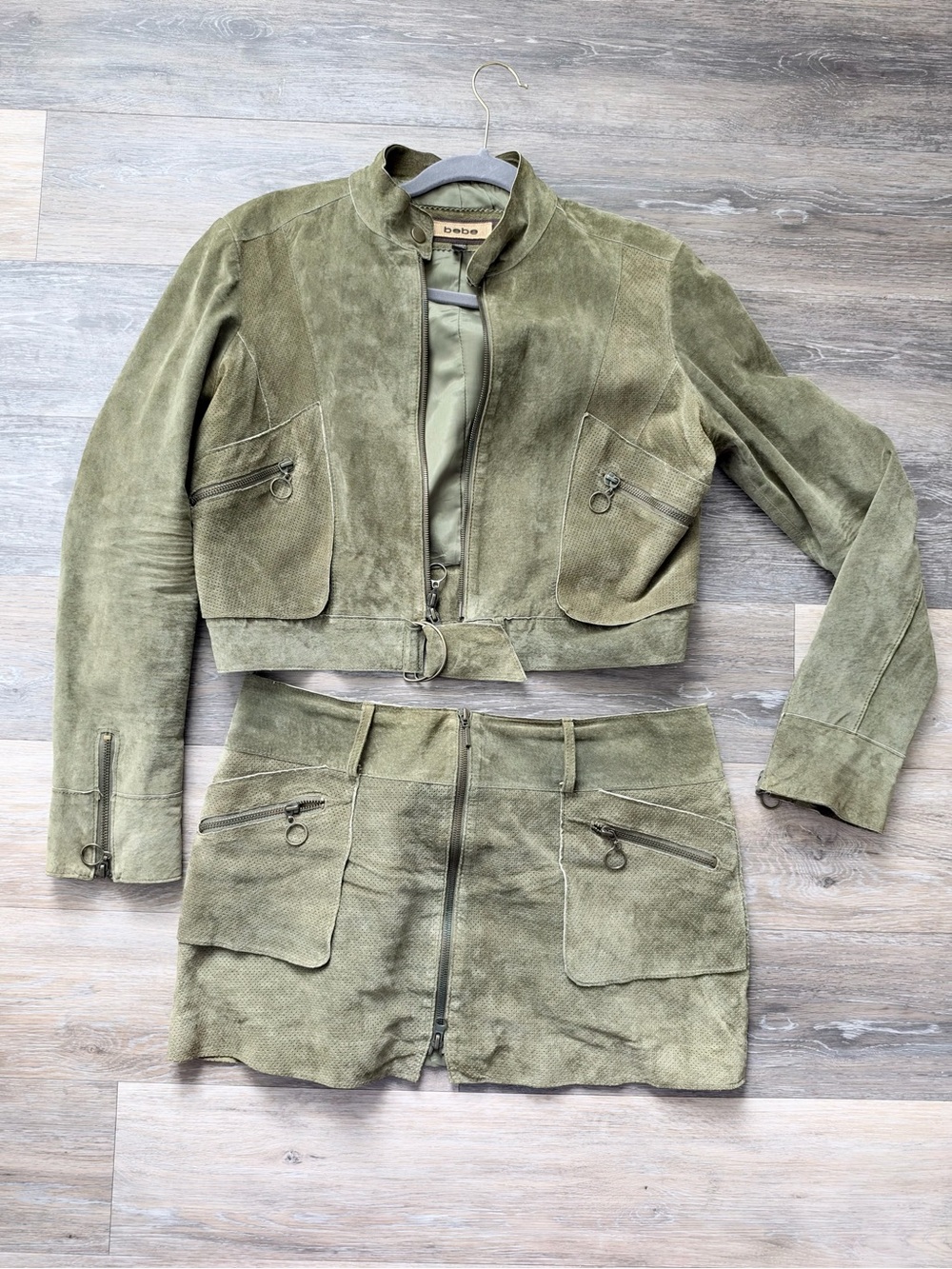 Y2K Bebe olive green suede cropped motorcycle jacket and skirt set in size L